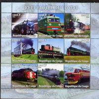 Congo 2004 Trains perf sheetlet containing set of 9 values unmounted mint. Note this item is privately produced and is offered purely on its thematic appeal