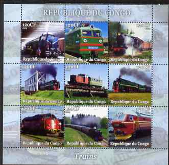 Congo 2004 Trains perf sheetlet containing set of 9 values unmounted mint. Note this item is privately produced and is offered purely on its thematic appeal