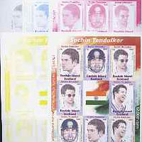 Easdale 2008 Sachin Tendulkar (cricketer) imperf sheetlet containing 8 values plus label, the set of 5 imperf progressive proofs comprising the 4 individual colours plus all 4-colour composite (issued sheet) unmounted mint