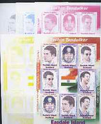 Easdale 2008 Sachin Tendulkar (cricketer) imperf sheetlet containing 8 values plus label, the set of 5 imperf progressive proofs comprising the 4 individual colours plus all 4-colour composite (issued sheet) unmounted mint