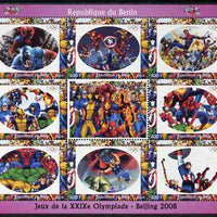 Benin 2008 Beijing Olympics - Comic Book Heroes & Disney Characters #1 perf sheetlet containing 8 values plus label unmounted mint. Note this item is privately produced and is offered purely on its thematic appeal (Spider Man, Inc……Details Below