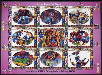Benin 2008 Beijing Olympics - Comic Book Heroes & Disney Characters #1 perf sheetlet containing 8 values plus label unmounted mint. Note this item is privately produced and is offered purely on its thematic appeal (Spider Man, Inc……Details Below