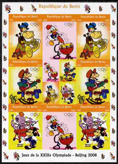 Benin 2009 Beijing Olympics #4 - Disney Characters (Music) imperf sheetlet containing 8 values plus label unmounted mint. Note this item is privately produced and is offered purely on its thematic appeal