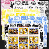 Angola 2000 Millennium 2000 - History of Animation #1 sheetlet containing 9 values in tete-beche format (Disney Characters with Elvis, Chaplin, Beatles, Gershwin, N Armstrong etc in margins) - the set of 5 imperf progressive proof……Details Below