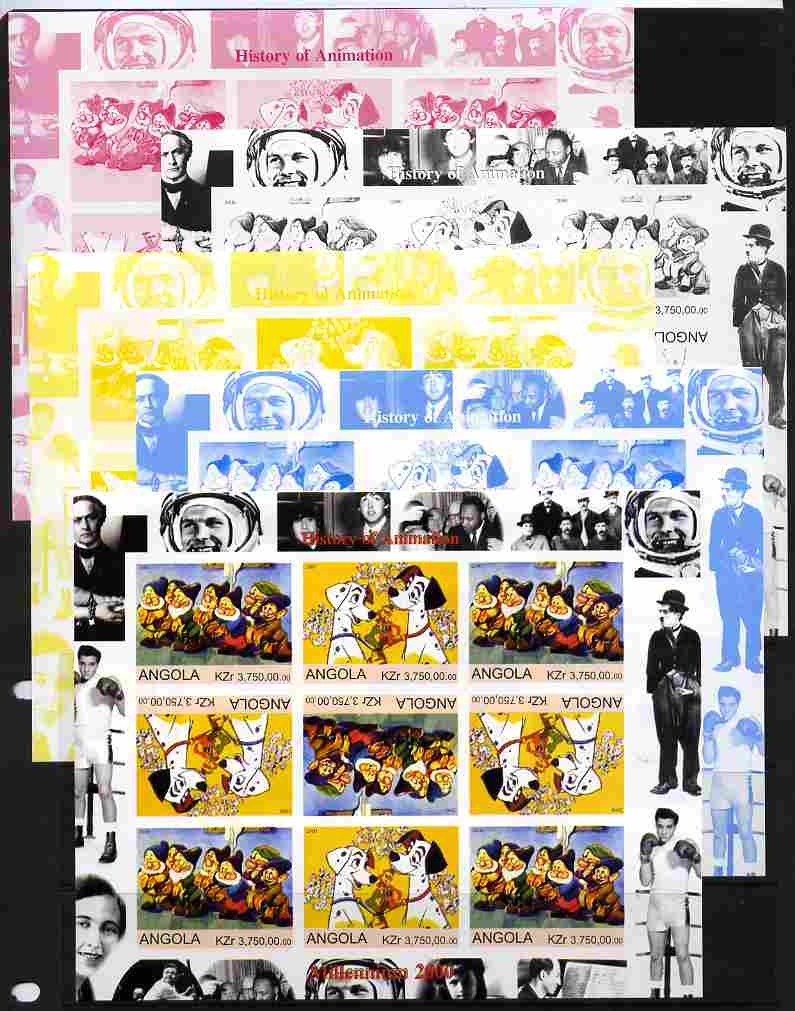 Angola 2000 Millennium 2000 - History of Animation #1 sheetlet containing 9 values in tete-beche format (Disney Characters with Elvis, Chaplin, Beatles, Gershwin, N Armstrong etc in margins) - the set of 5 imperf progressive proof……Details Below