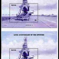 Nevis 1986 Spitfire (Seafire) on Aircraft Carrier $6 m/sheet with yellow omitted vertical pair from uncut press sheet unmounted mint (SG MS 376) only 20 such pairs can exist.