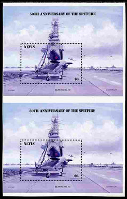 Nevis 1986 Spitfire (Seafire) on Aircraft Carrier $6 m/sheet with yellow omitted vertical pair from uncut press sheet unmounted mint (SG MS 376) only 20 such pairs can exist.