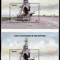 Nevis 1986 Spitfire (Seafire) on Aircraft Carrier $6 m/sheet vertical pair from uncut press sheet unmounted mint (SG MS 376) only 10 such pairs can exist.