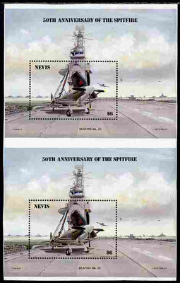 Nevis 1986 Spitfire (Seafire) on Aircraft Carrier $6 m/sheet vertical pair from uncut press sheet unmounted mint (SG MS 376) only 10 such pairs can exist.