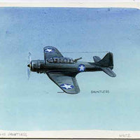 Eynhallow 1981 WW2 Aircraft (Dauntless) original artwork by R A Sherrington of the B L Kearley Studio, watercolour on board 180 x 150 mm plus issued perf sheetlet incorporating this image