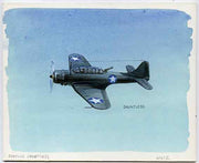 Eynhallow 1981 WW2 Aircraft (Dauntless) original artwork by R A Sherrington of the B L Kearley Studio, watercolour on board 180 x 150 mm plus issued perf sheetlet incorporating this image