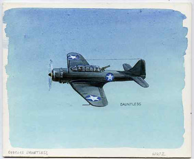 Eynhallow 1981 WW2 Aircraft (Dauntless) original artwork by R A Sherrington of the B L Kearley Studio, watercolour on board 180 x 150 mm plus issued perf sheetlet incorporating this image