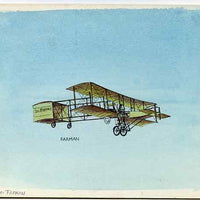 Eynhallow 1982 Early Aircraft #1 (Farman) original artwork by R A Sherrington of of the B L Kearley Studio, watercolour on board 175 x 150 mm plus imperf deluxe sheet (£2 value) as issued