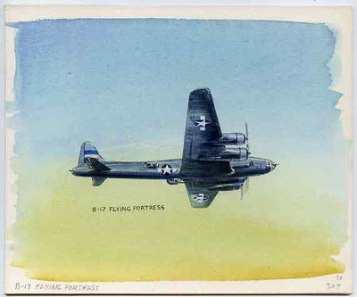 Staffa 1981 WW2 Aircraft #1 (B17 Flying Fortress) original artwork by R A Sherrington of the B L Kearley Studio, watercolour on board 180 x 150 mm plus issued perf sheetlet incorporating this image