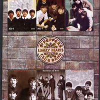 Benin 2009 The Beatles (Sg Peppers Lonely Hearts) perf sheetlet containing set of 6 values plus 3 labels unmounted mint. Note this item is privately produced and is offered purely on its thematic appeal