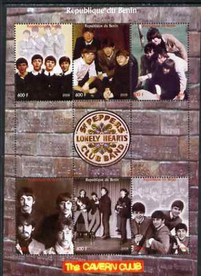 Benin 2009 The Beatles (Sg Peppers Lonely Hearts) perf sheetlet containing set of 6 values plus 3 labels unmounted mint. Note this item is privately produced and is offered purely on its thematic appeal