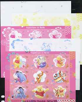 Benin 2009 Beijing Olympics #1 - Winnie the Pooh imperf sheetlet containing 9 values, the set of 5 progressive proofs comprising the 4 individual colours plus all 4-colour composite, unmounted mint
