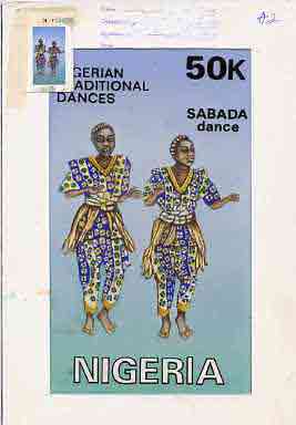 Nigeria 1992 Nigerian Dances - original hand-painted artwork for 50k value as issued (Sabada Dance) by NSP&MCo Staff Artist Samuel A M Eluare on board 5" x 9" endorsed A2, plus stamp sized machine proof in colour but without inscriptions or value