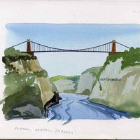 Staffa 1982 Bridges (Clifton Bridge) original artwork by R A Sherrington of the B L Kearley Studio, watercolour on board 150 x 100 mm plus issued perf sheetlet incorporating this image