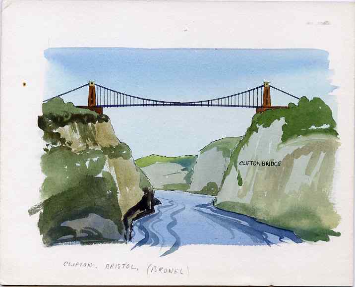 Staffa 1982 Bridges (Clifton Bridge) original artwork by R A Sherrington of the B L Kearley Studio, watercolour on board 150 x 100 mm plus issued perf sheetlet incorporating this image