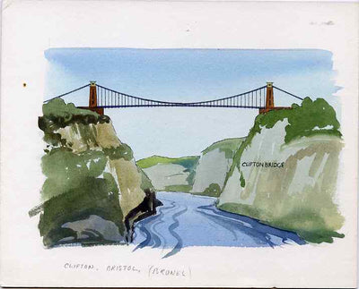 Staffa 1982 Bridges (Clifton Bridge) original artwork by R A Sherrington of the B L Kearley Studio, watercolour on board 150 x 100 mm plus issued perf sheetlet incorporating this image