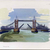 Staffa 1982 Bridges (Tower Bridge) original artwork by R A Sherrington of the B L Kearley Studio, watercolour on board 150 x 100 mm plus issued imperf s/sheet incorporating this image