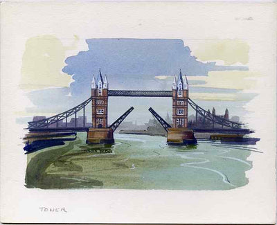 Staffa 1982 Bridges (Tower Bridge) original artwork by R A Sherrington of the B L Kearley Studio, watercolour on board 150 x 100 mm plus issued imperf s/sheet incorporating this image