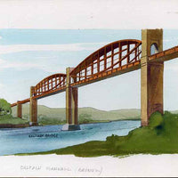 Staffa 1982 Bridges (Saltash Bridge) original artwork by R A Sherrington of the B L Kearley Studio, watercolour on board 150 x 100 mm plus issued imperf deluxe sheet incorporating this image