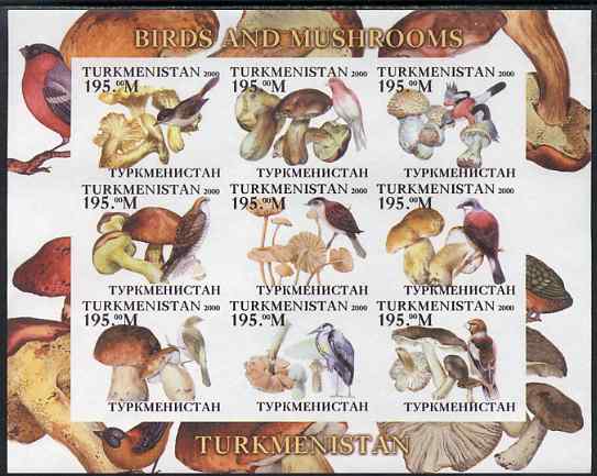 Turkmenistan 2000 Birds & Mushrooms imperf sheetlet containing 9 values unmounted mint. Note this item is privately produced and is offered purely on its thematic appeal