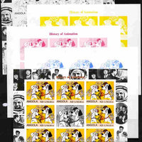 Angola 2000 Millennium 2000 - History of Animation #2 sheetlet containing 8 values plus label (Disney 101 Dalmations with Elvis, Beatles, Gershwin, N Armstrong etc in margins) - the set of 5 imperf progressive proofs comprising th……Details Below