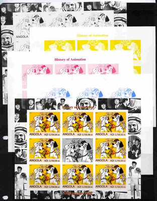 Angola 2000 Millennium 2000 - History of Animation #2 sheetlet containing 8 values plus label (Disney 101 Dalmations with Elvis, Beatles, Gershwin, N Armstrong etc in margins) - the set of 5 imperf progressive proofs comprising th……Details Below