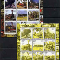 Somaliland 2002 Steam Trains #1 perf sheetlet containing set of 9 values each with Scout Logo printed in black & yellow colours only (blue & magenta omitted) complete with normal, unmounted mint