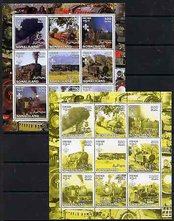 Somaliland 2002 Steam Trains #1 perf sheetlet containing set of 9 values each with Scout Logo printed in black & yellow colours only (blue & magenta omitted) complete with normal, unmounted mint