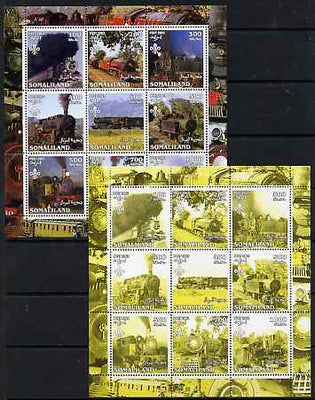 Somaliland 2002 Steam Trains #1 perf sheetlet containing set of 9 values each with Scout Logo printed in black & yellow colours only (blue & magenta omitted) complete with normal, unmounted mint