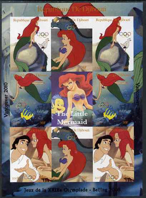 Djibouti 2008 Beijing & Vancouver Olympics - Disney - The Little Mermaid imperf sheetlet containing 8 values plus label unmounted mint. Note this item is privately produced and is offered purely on its thematic appeal