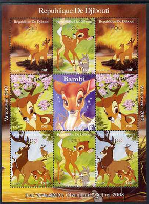 Djibouti 2008 Beijing & Vancouver Olympics - Disney - Bambi perf sheetlet containing 8 values plus label unmounted mint. Note this item is privately produced and is offered purely on its thematic appeal