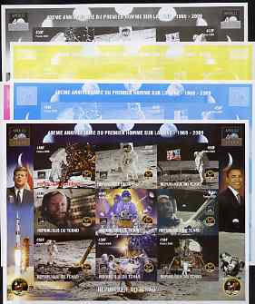 Chad 2009 40th Anniversary of Moon Landing imperf sheetlet containing 9 values - the set of 5 imperf progressive proofs comprising the 4 individual colours plus all 4-colour composites, unmounted mint.