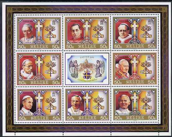 Belize 1986 Easter - 320th Century Popes perf sheetlet containing 8 values plus label unmounted mint SG 896-903