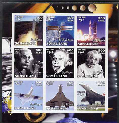 Somaliland 2002 Space, Einstein & Concorde imperf sheetlet containing set of 9 values unmounted mint. Note this item is privately produced and is offered purely on its thematic appeal