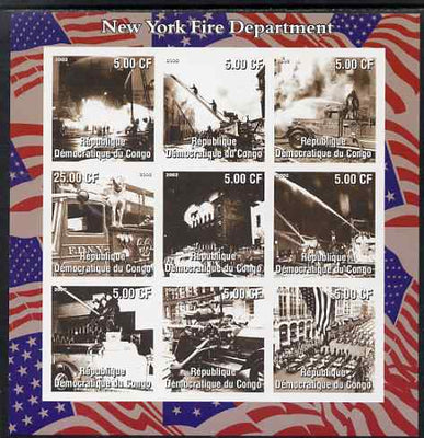 Congo 2002 New York Fire Department imperf sheetlet containing 9 values, unmounted mint. Note this item is privately produced and is offered purely on its thematic appeal