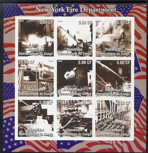 Congo 2002 New York Fire Department imperf sheetlet containing 9 values, unmounted mint. Note this item is privately produced and is offered purely on its thematic appeal