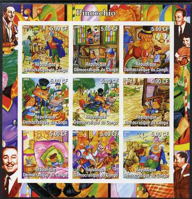 Congo 2002 Walt Didney - Pinocchio imperf sheetlet containing 9 values, unmounted mint