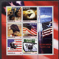 Angola 2002 Remember September 11th perf sheetlet containing 6 values plus 3 labels, unmounted mint