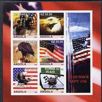 Angola 2002 Remember September 11th imperf sheetlet containing 6 values plus 3 labels, unmounted mint. Note this item is privately produced and is offered purely on its thematic appeal