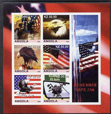 Angola 2002 Remember September 11th imperf sheetlet containing 6 values plus 3 labels, unmounted mint. Note this item is privately produced and is offered purely on its thematic appeal