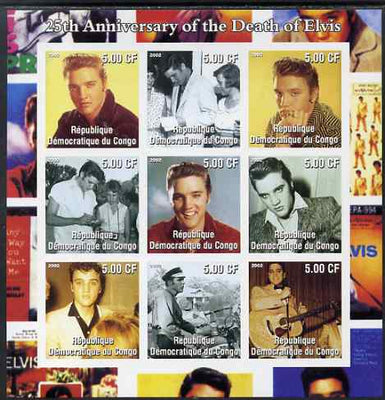 Congo 2002 25th Death Anniversary of Elvis Presley #1 imperf sheetlet containing 9 values, unmounted mint. Note this item is privately produced and is offered purely on its thematic appeal