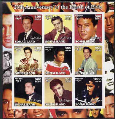 Somaliland 2002 25th Death Anniversary of Elvis Presley #2 imperf sheetlet containing 9 values, unmounted mint
