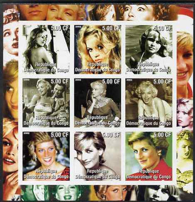 Congo 2002 Marilyn Monroe, Brigitte Bardot & Princess Diana imperf sheetlet containing 9 values unmounted mint