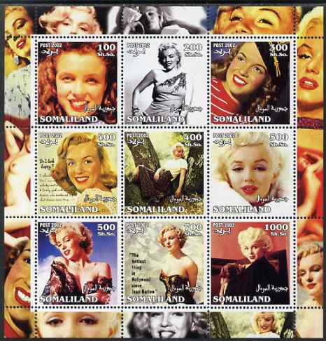 Somaliland 2002 Marilyn Monroe #2 perf sheetlet containing 9 values unmounted mint. Note this item is privately produced and is offered purely on its thematic appeal