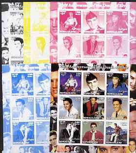 Somaliland 2002 25th Death Anniversary of Elvis Presley #1 sheetlet containing 9 values - the set of 5 imperf progressive proofs comprising the 4 individual colours plus all 4-colour composite, unmounted mint